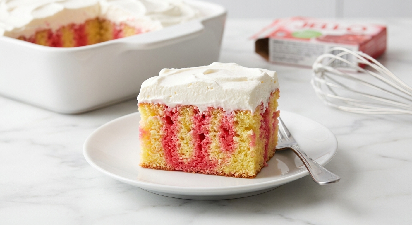 A slice of strawberry Jello poke cake on a plate showing pink streaks inside the yellow cake and a fluffy whipped topping layer