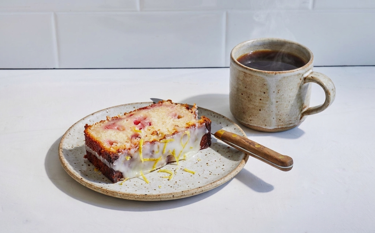 A slice of strawberry bread with lemon glaze on a small plate beside a mug of coffee on a simple kitchen table setting