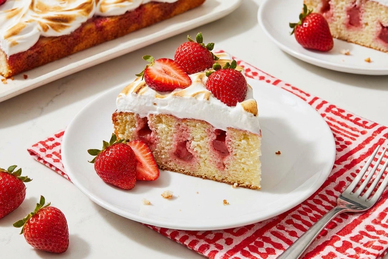 A slice of strawberry poke cake on a white dessert plate, showing pink strawberry gelatin pockets in vanilla cake with whipped topping and fresh strawberries on top, on a light kitchen table
