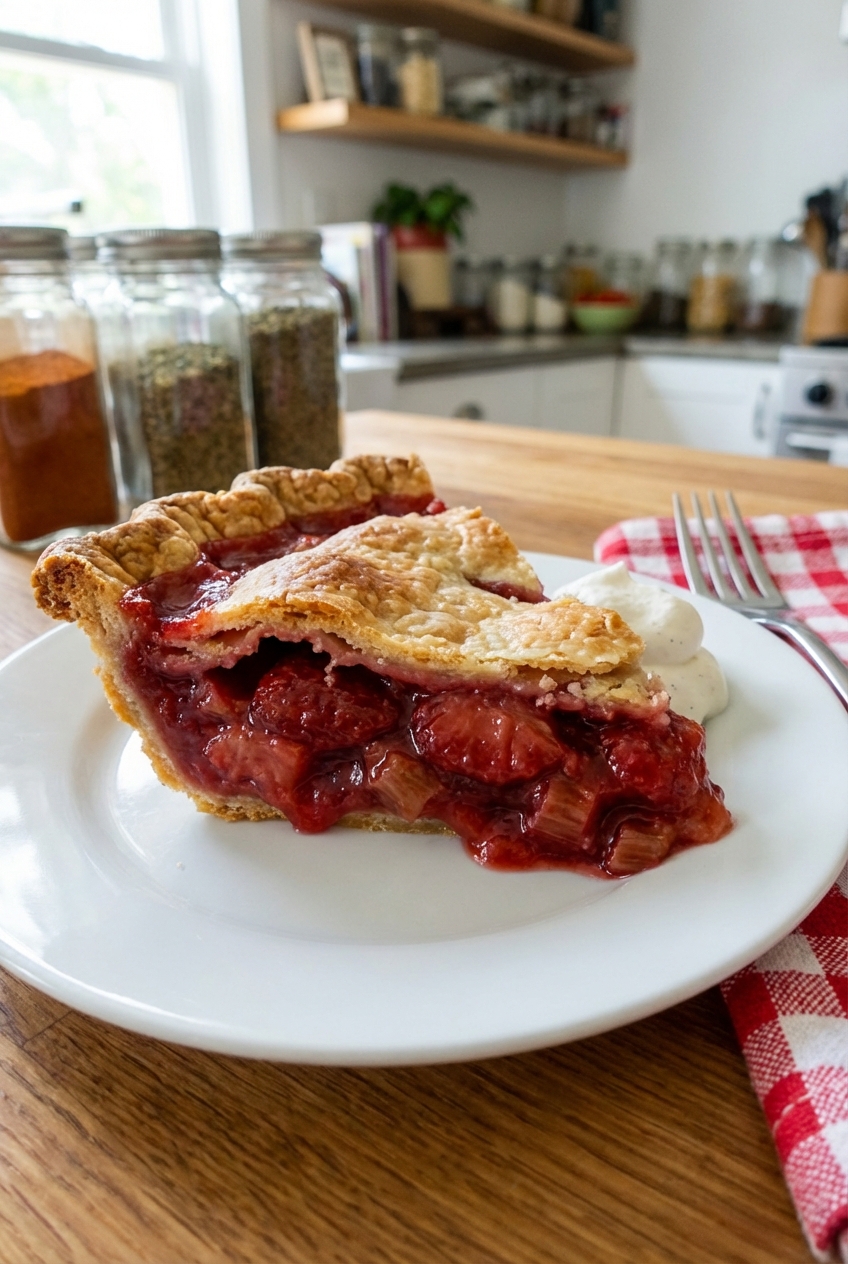 A slice of strawberry rhubarb pie on a plate with a flaky crust and set, jammy filling