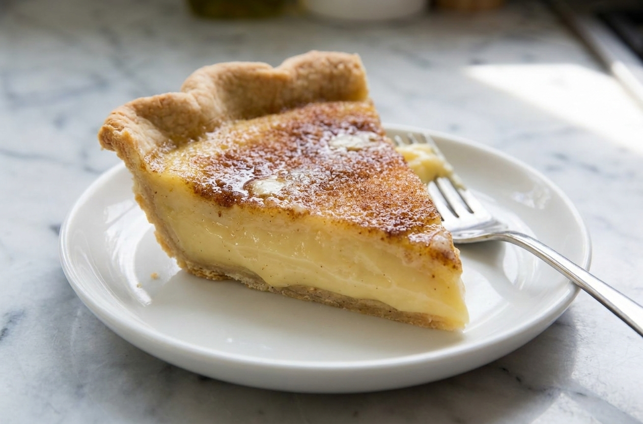 A slice of sugar cream pie on a small plate, showing the silky custard filling and cinnamon sugar top