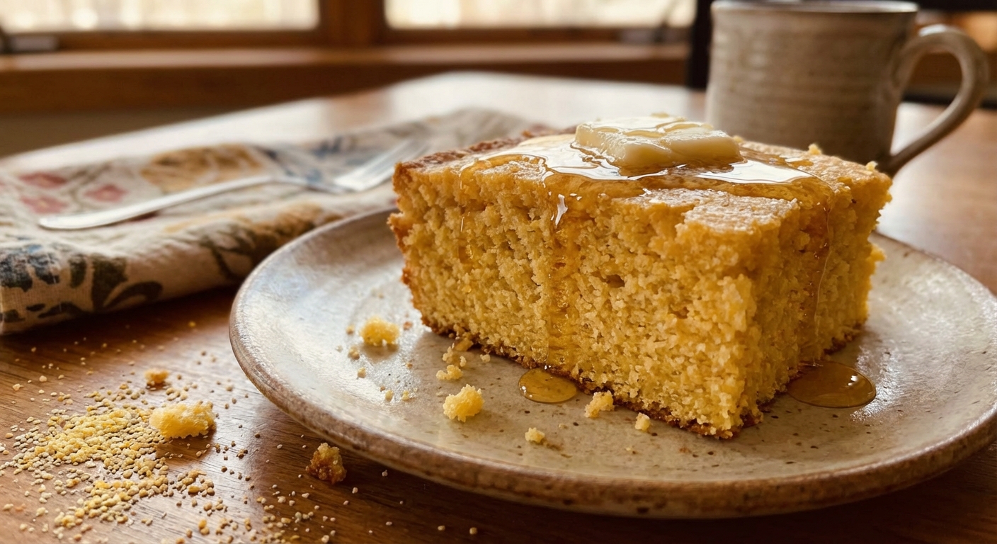 A slice of sweet cornbread on a plate with butter and honey, with crumbs scattered beside it