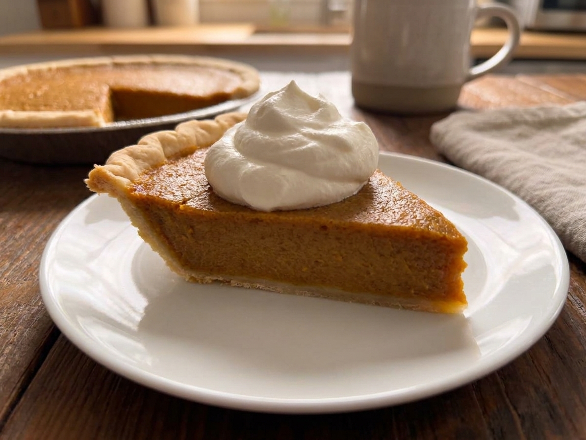 A slice of sweet potato pie on a white dessert plate with a dollop of whipped cream, a golden-brown baked crust, and warm kitchen lighting