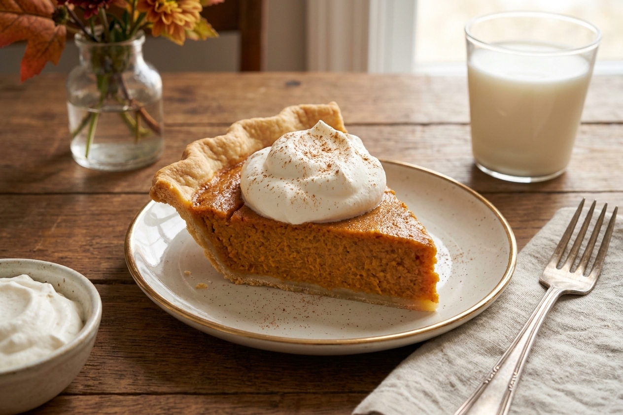 A slice of sweet potato pie topped with a dollop of whipped cream on a dessert plate at a set table