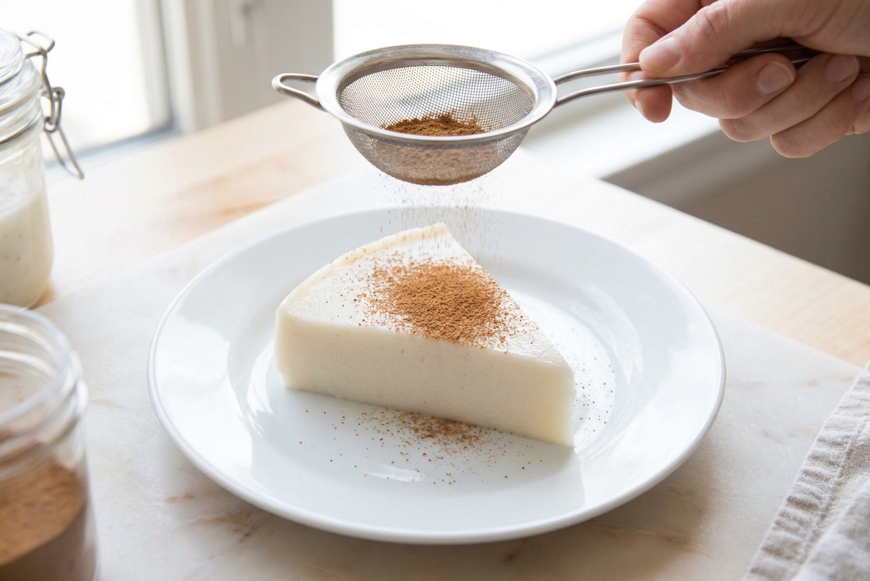 A slice of tembleque coconut pudding being dusted with ground cinnamon on a white plate, with a small sifter held above it