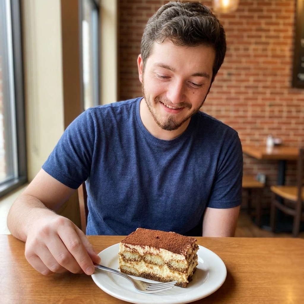 A slice of tiramisu on a dessert plate with cocoa dusting on top and visible creamy layers, with a fork beside it