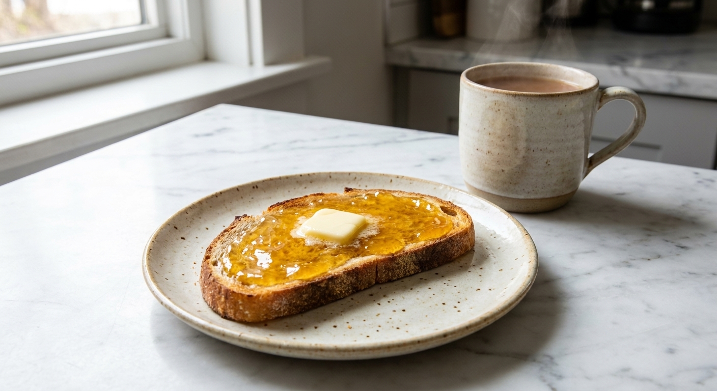 A slice of toast with butter and a glossy layer of golden dandelion jelly on a ceramic plate beside a mug on a kitchen table