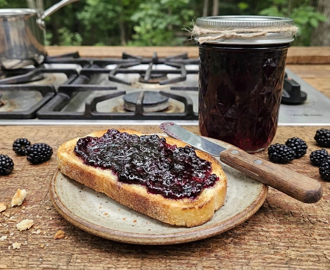 A slice of toasted bread spread with blackberry jam on a small plate with a butter knife beside it