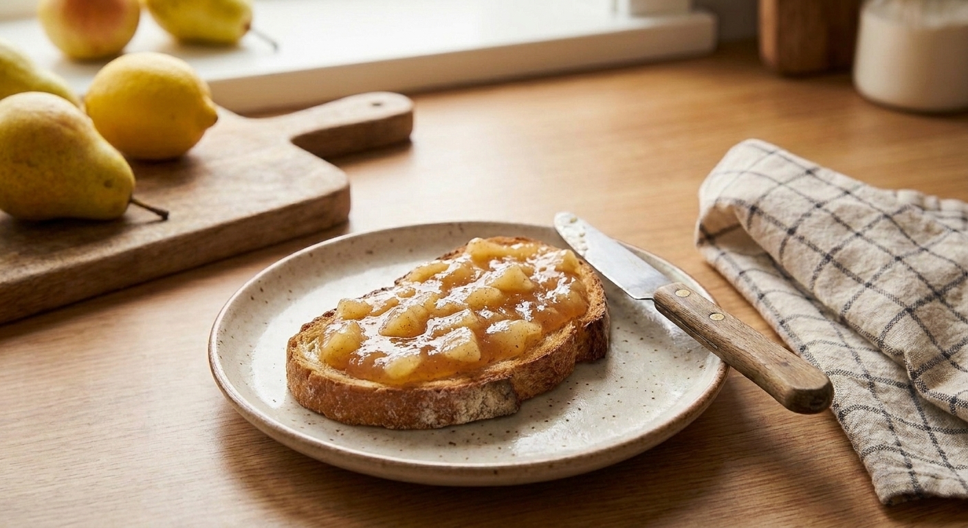 A slice of toasted bread spread with glossy pear jam on a ceramic plate with a butter knife nearby, soft morning light on a kitchen table