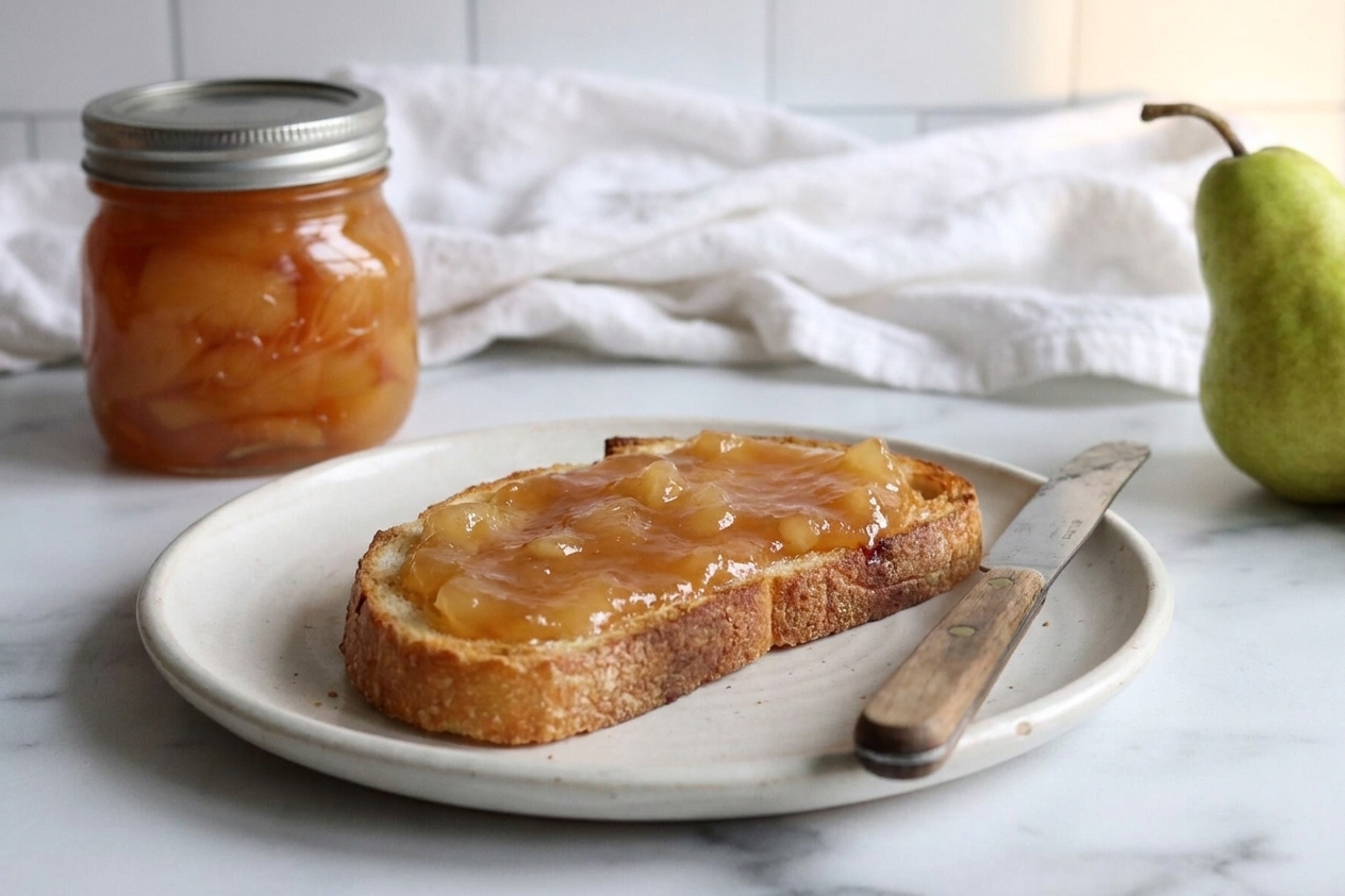 A slice of toasted bread spread with glossy pear preserves on a simple ceramic plate with a butter knife beside it