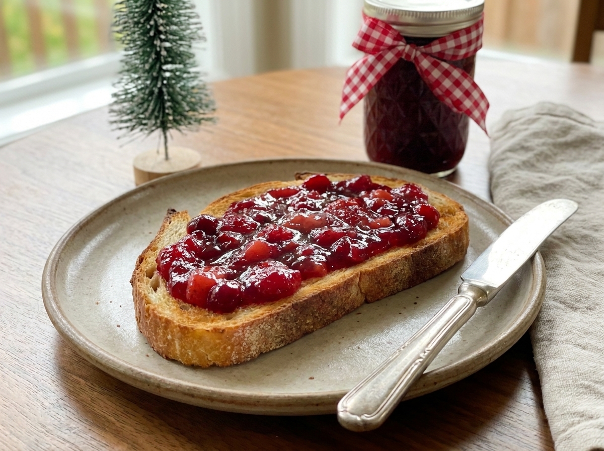 A slice of toasted bread spread with glossy red Christmas jam on a ceramic plate, with a butter knife beside it on a wooden table set for breakfast