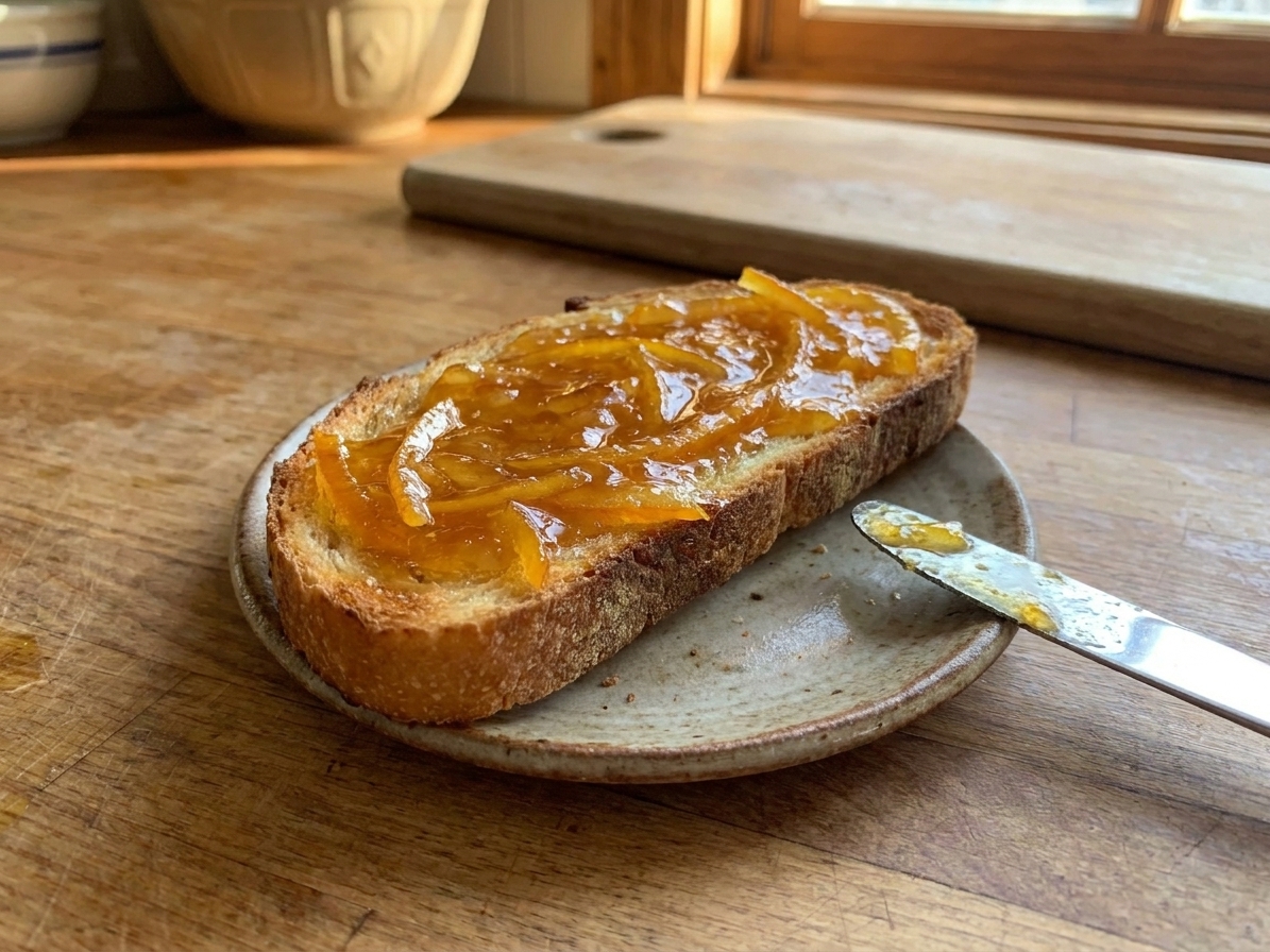 A slice of toasted bread spread with orange marmalade on a small plate with a butter knife nearby on a wooden table