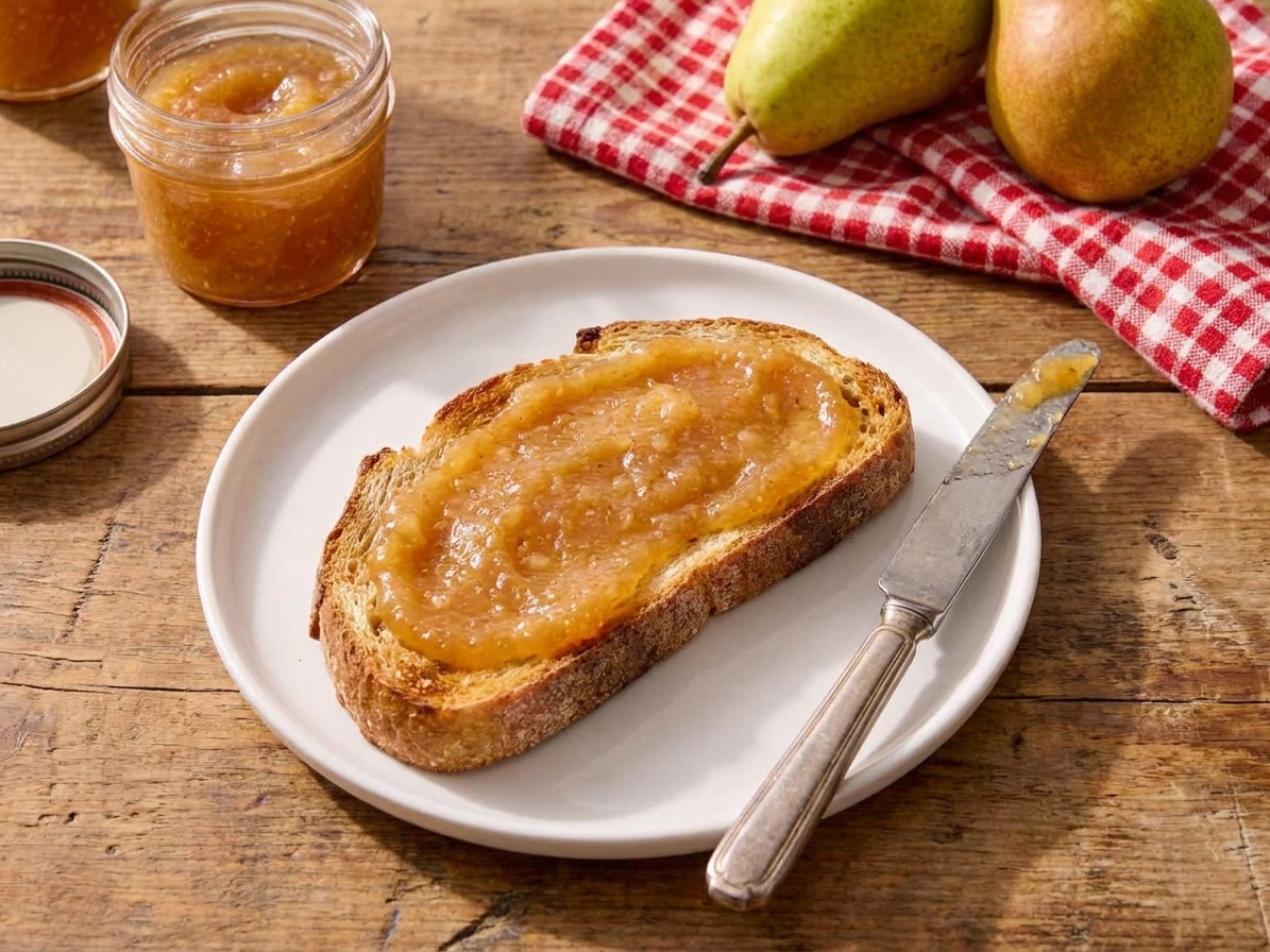 A slice of toasted bread spread with pear butter on a simple ceramic plate, with a butter knife beside it on a wooden table