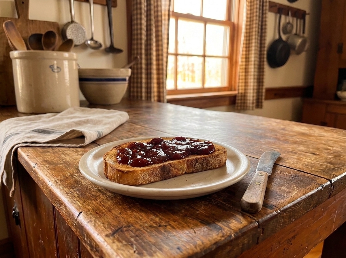 A slice of toasted bread spread with strawberry jam on a small plate with a butter knife beside it