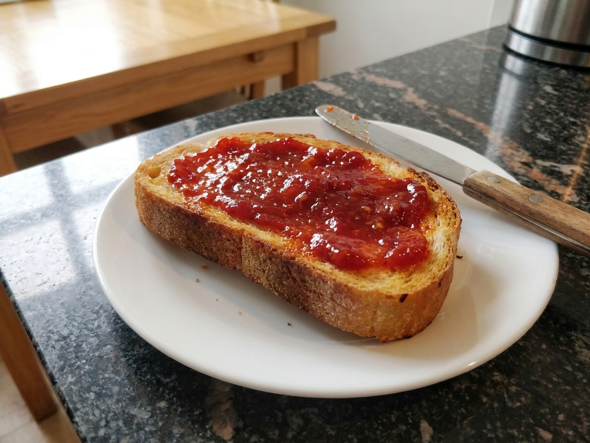 A slice of toasted bread spread with tomato jam on a small plate next to a butter knife, on a wooden kitchen table with morning light