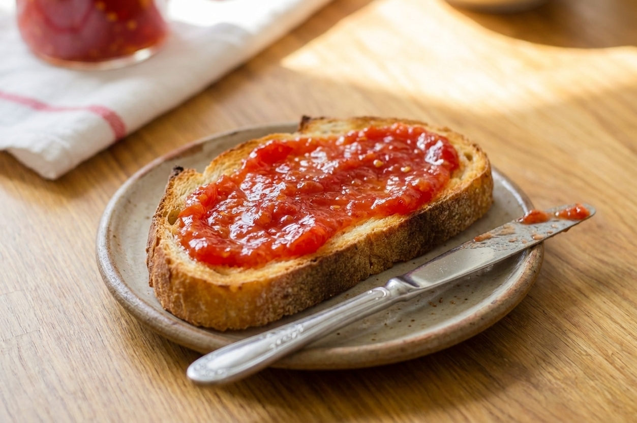 A slice of toasted bread spread with tomato jam on a small plate with a butter knife, set on a wooden table in natural light