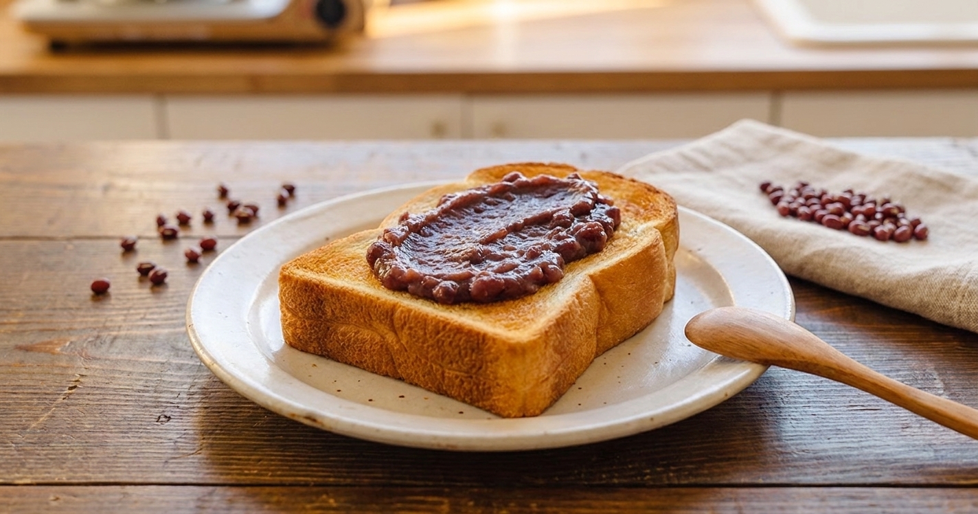 A slice of toasted bread topped with a thick swipe of red bean paste on a simple plate on a wooden table