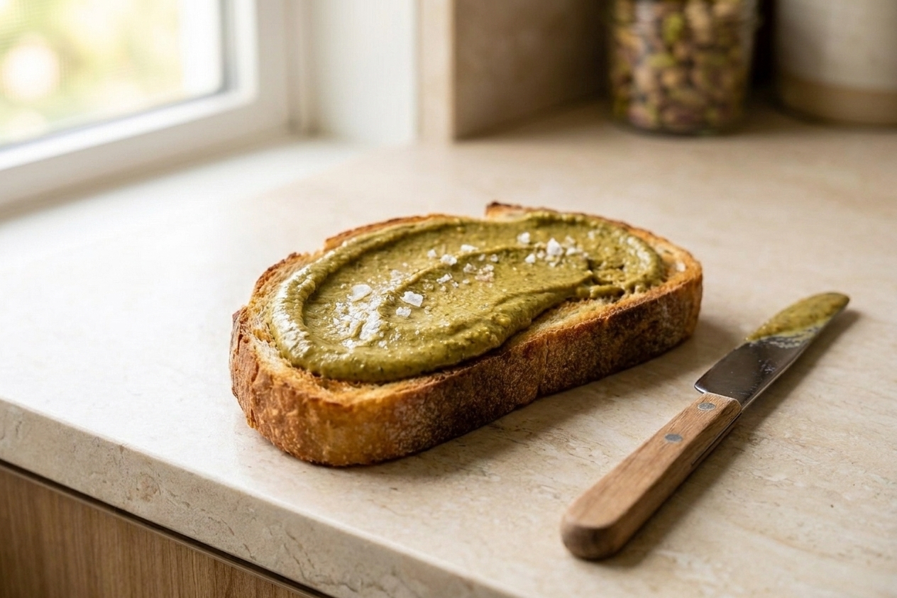 A slice of toasted bread with a thick swipe of pistachio butter and a few flakes of salt on top, with a knife resting beside it