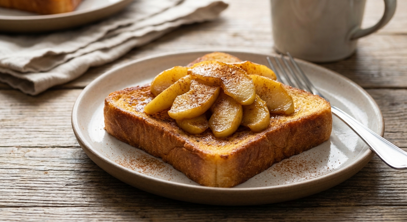 A slice of toasted brioche on a plate topped with fried apples and cinnamon