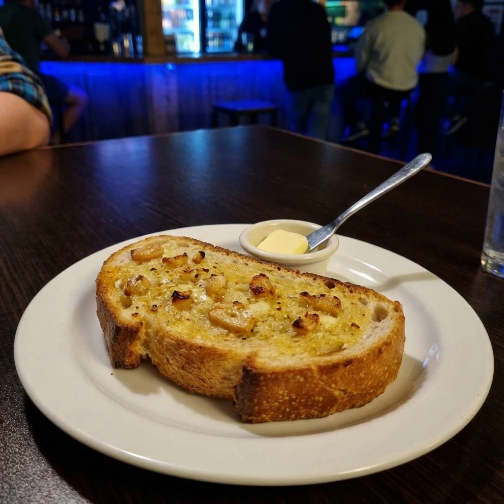 A slice of toasted garlic bread on a plate with a small dish of butter
