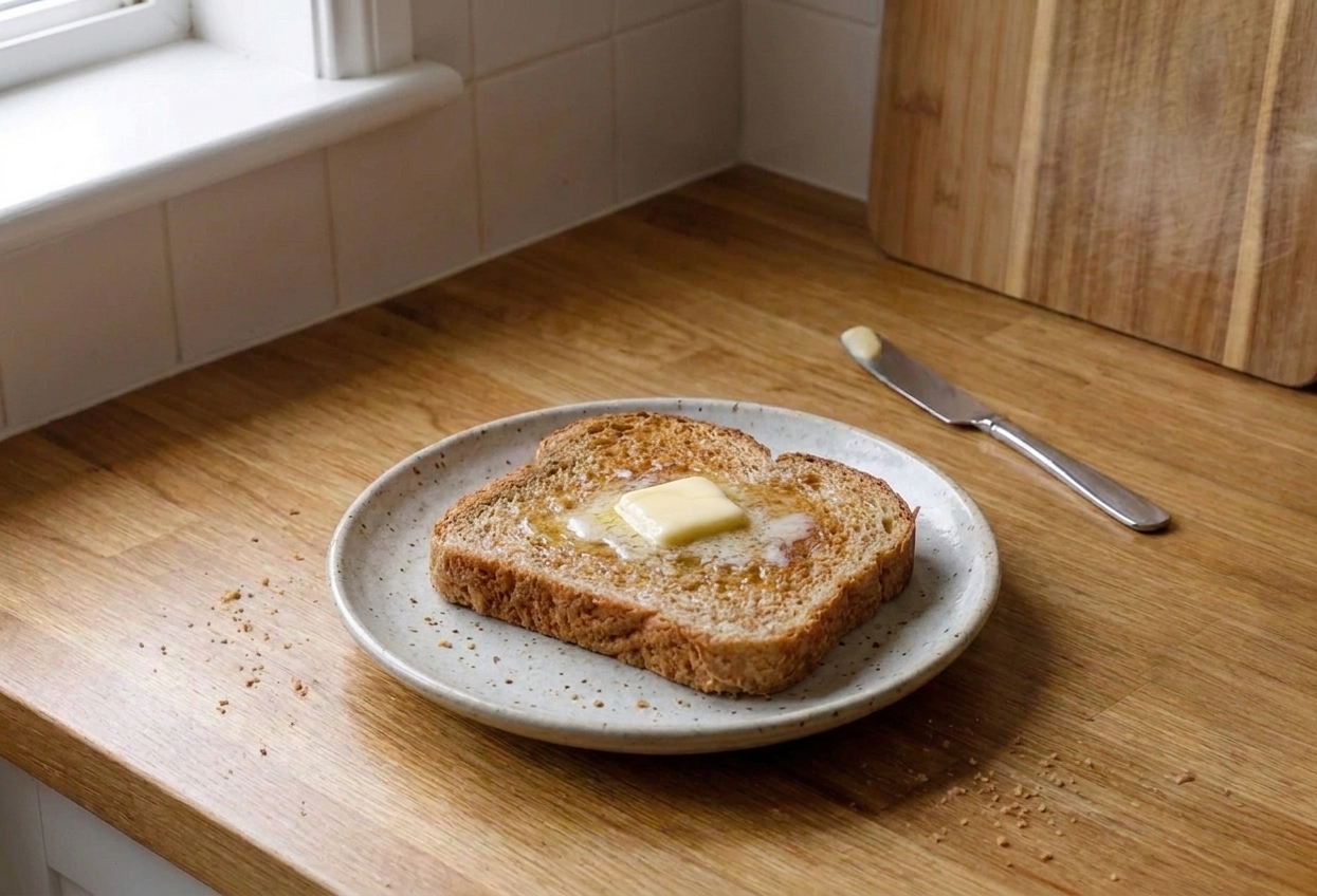 A slice of toasted gluten free bread with butter melting on top on a small plate at a kitchen table