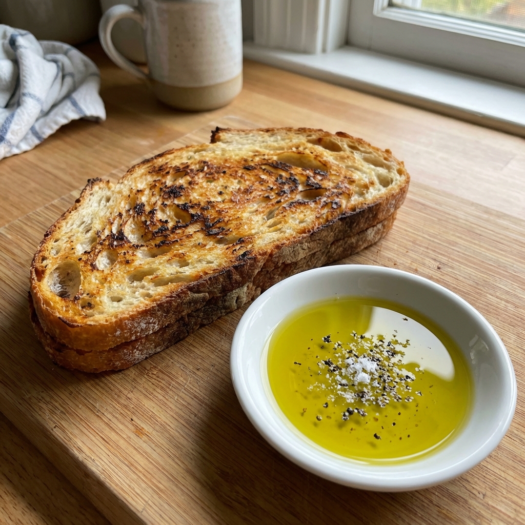 A slice of toasted sourdough bread beside a small dish of olive oil