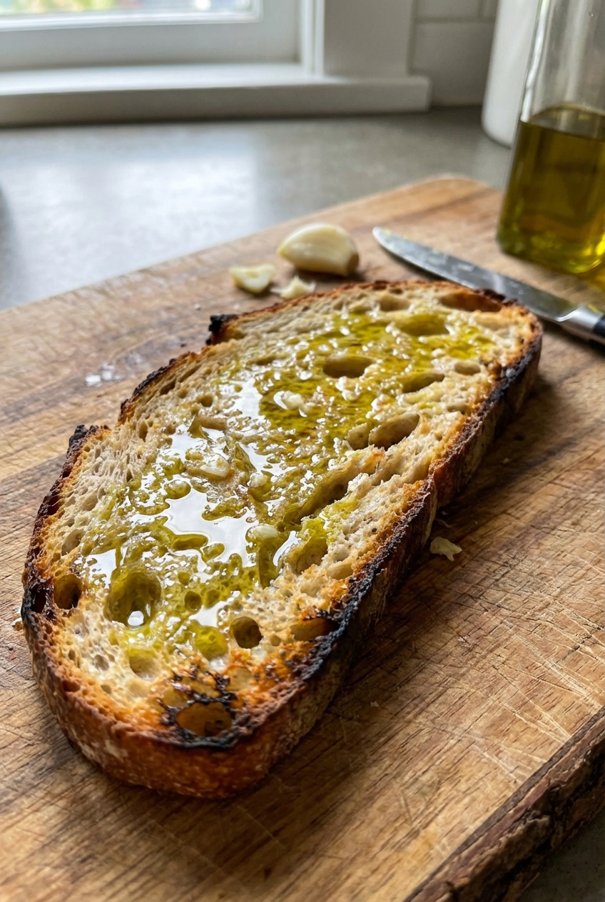 A slice of toasted sourdough bread rubbed with garlic and drizzled with olive oil
