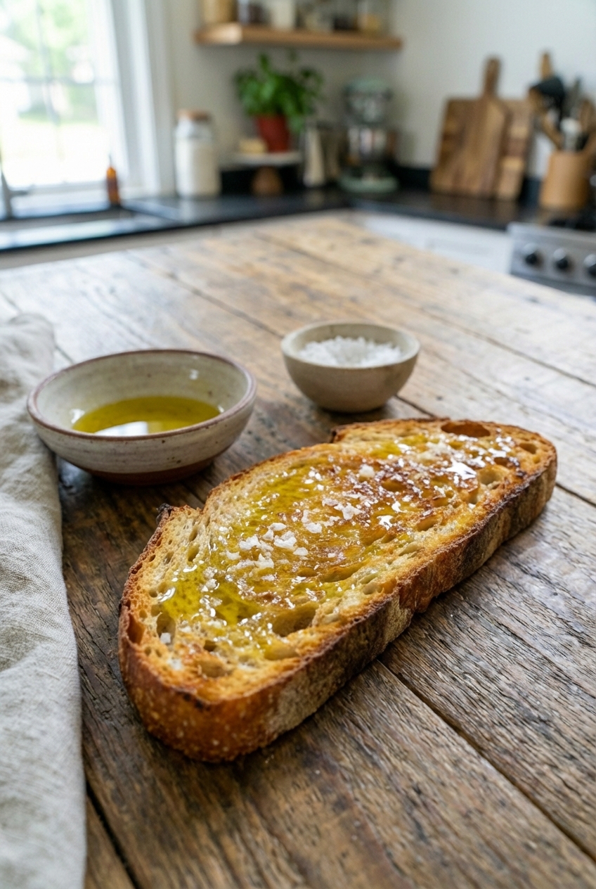 A slice of toasted sourdough bread with olive oil and flaky salt