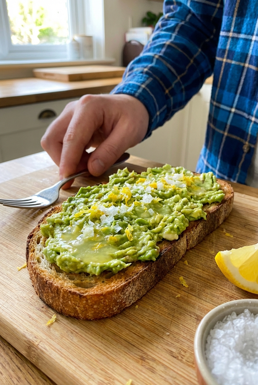 A slice of toasted sourdough topped with avocado, lemon, and flaky salt