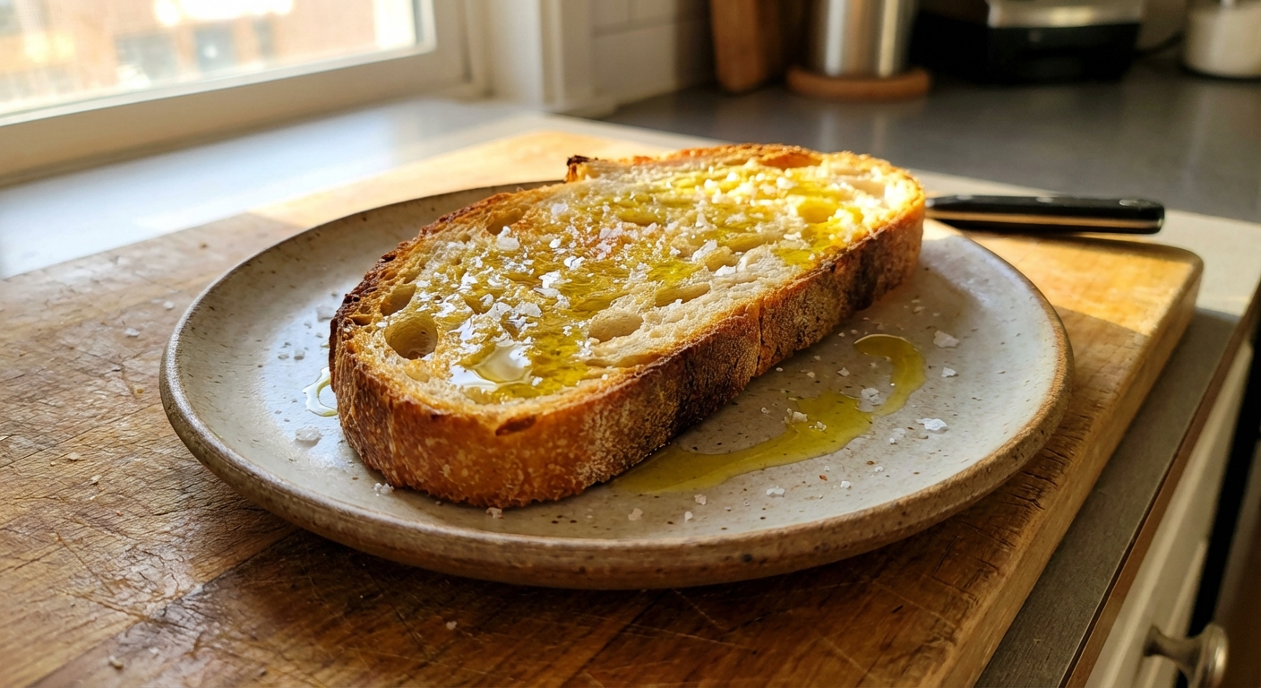 A slice of toasted sourdough with olive oil and flaky salt