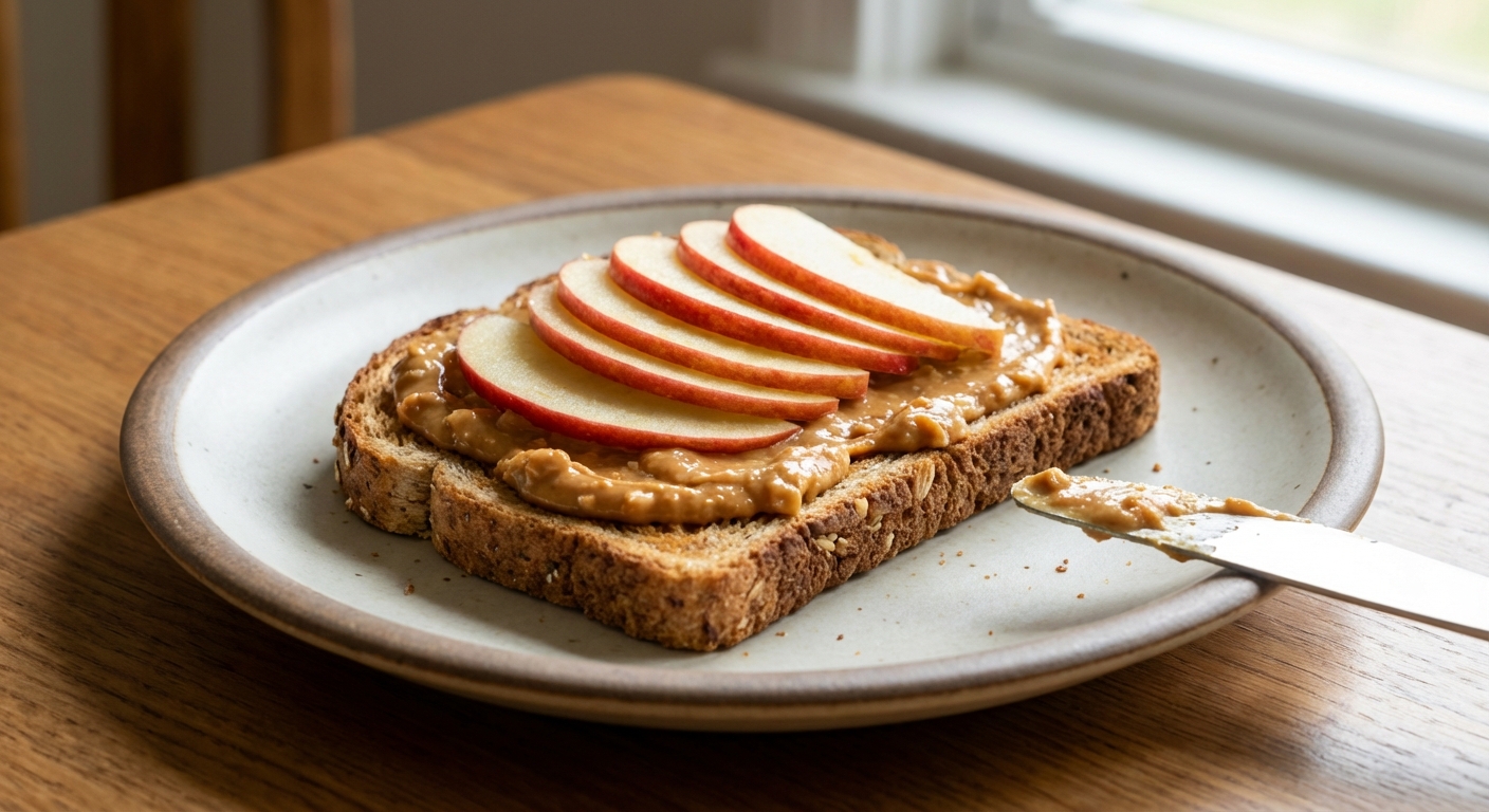 A slice of toasted whole grain bread topped with peanut butter and thin apple slices on a plate