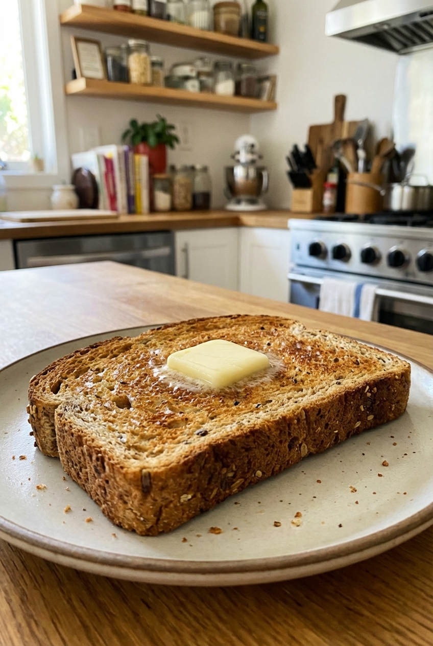 A slice of toasted whole grain bread with a pat of butter on a plate