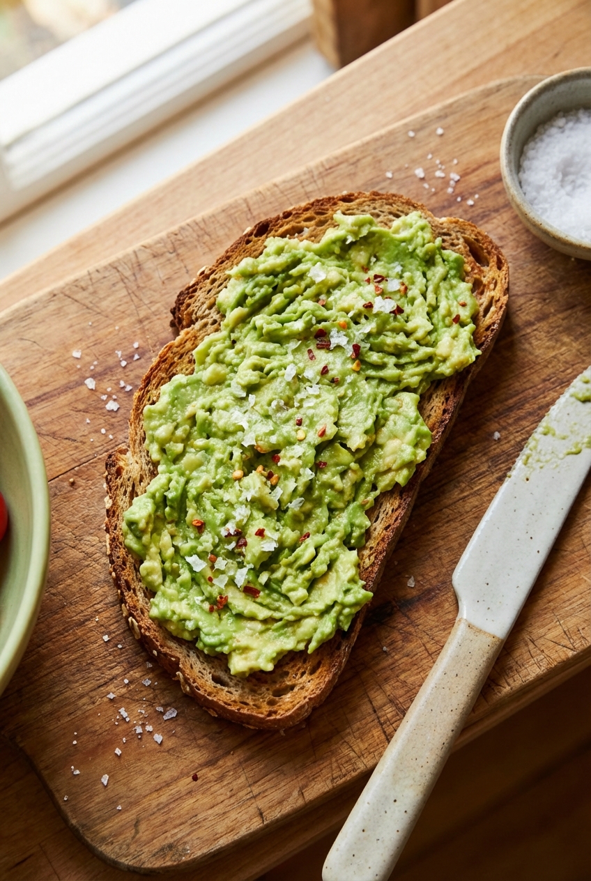 A slice of toasted whole grain bread with mashed avocado and flaky salt
