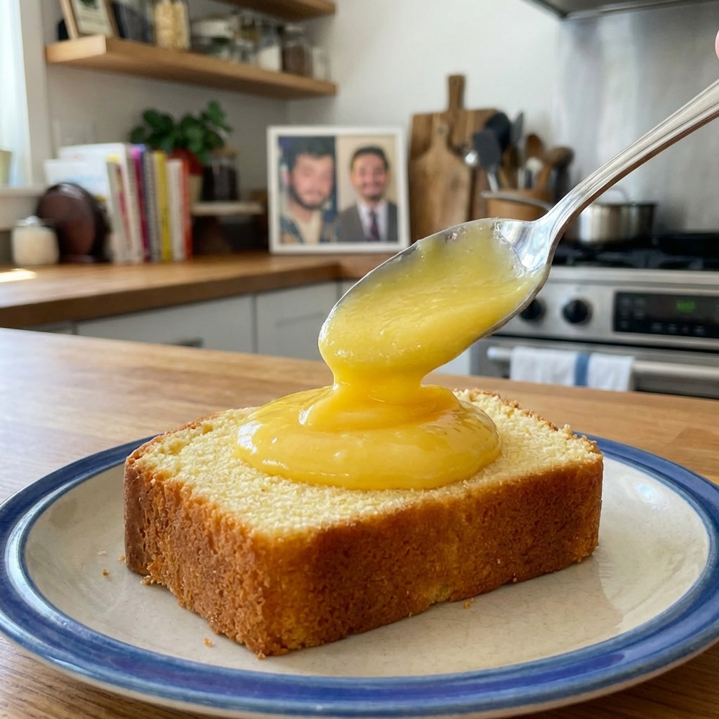 A slice of vanilla pound cake on a plate with a spoonful of lemon curd