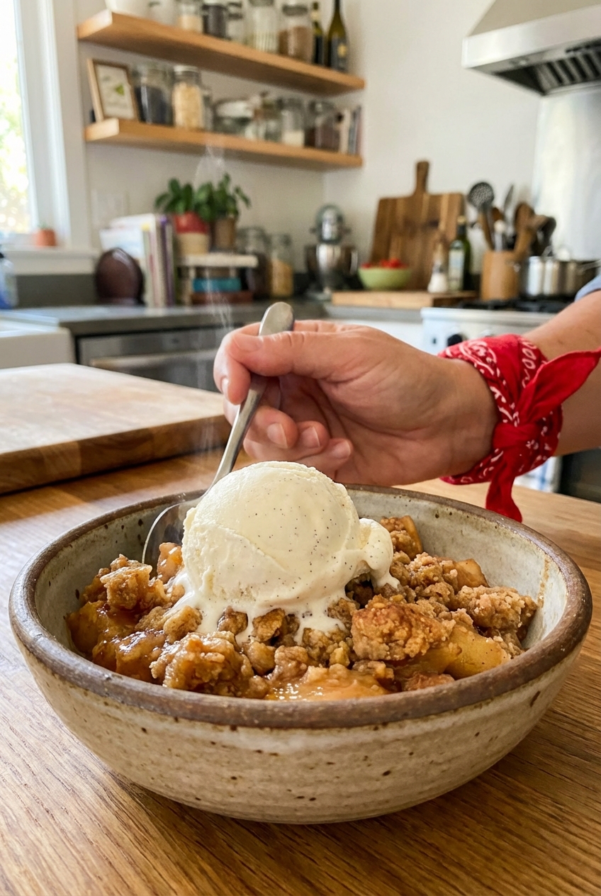 A slice of warm apple crisp in a bowl with a scoop of vanilla ice cream