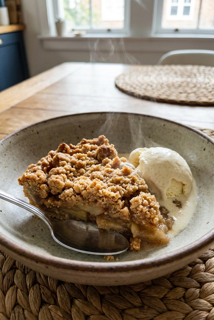A slice of warm apple crumble in a bowl with a spoon