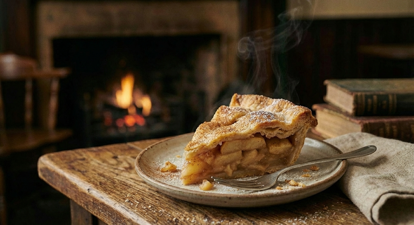A slice of warm apple pie on a plate with a fork and crumbs on the side