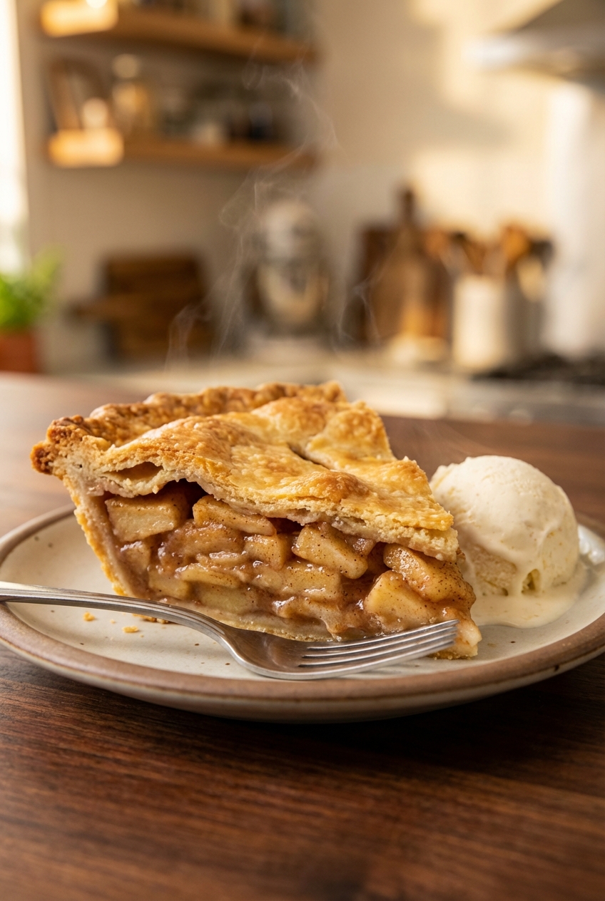 A slice of warm apple pie on a plate with a fork