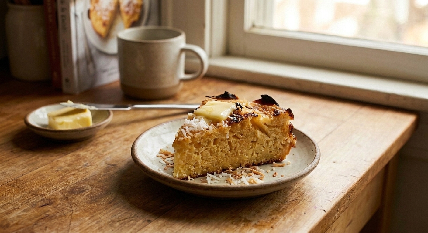 A slice of warm bibingka on a small plate with melted butter on top and toasted coconut scattered, set on a wooden table