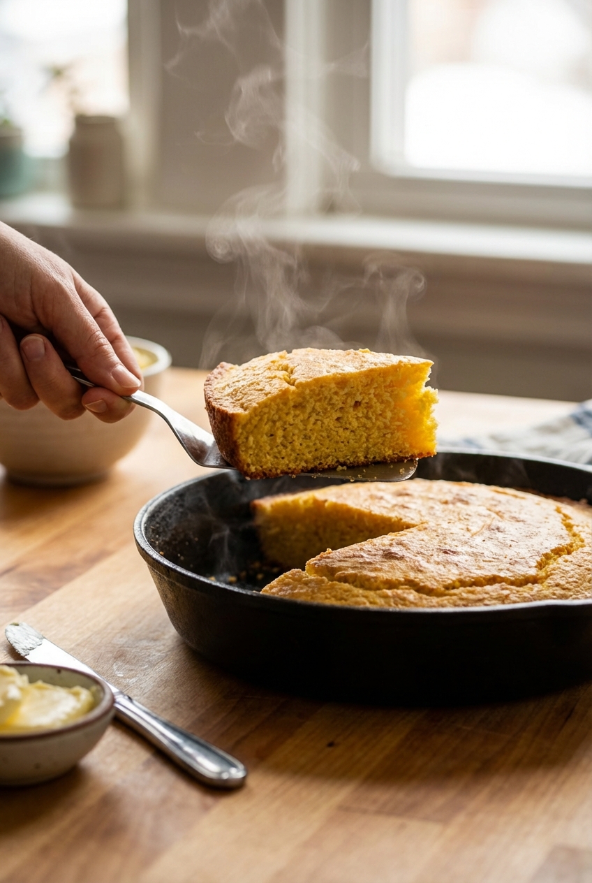 A slice of warm cornbread being lifted from a skillet with steam rising