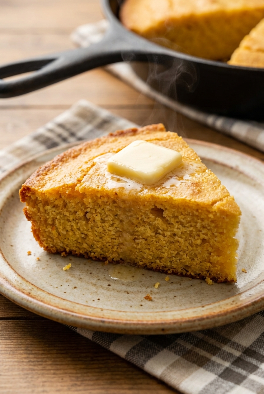 A slice of warm cornbread on a plate with a pat of vegan butter