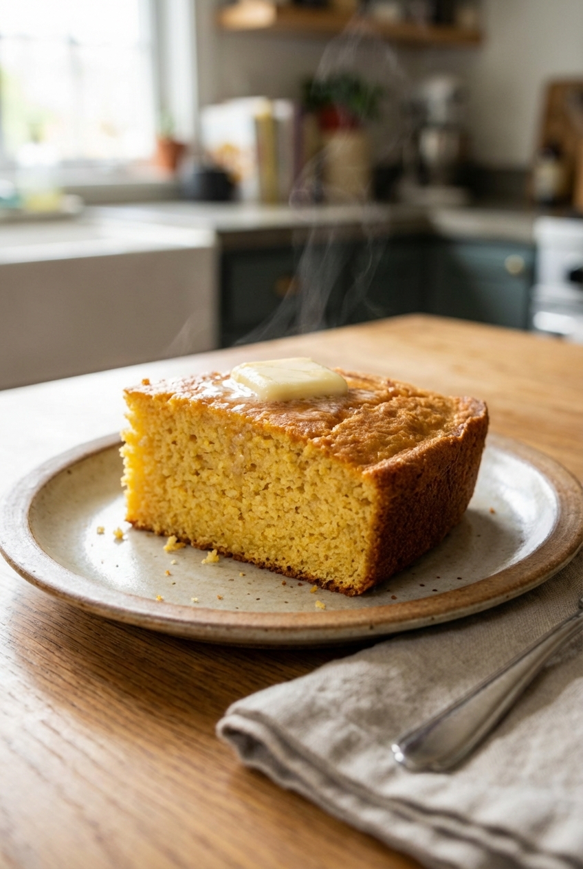 A slice of warm cornbread on a plate with a pat of butter