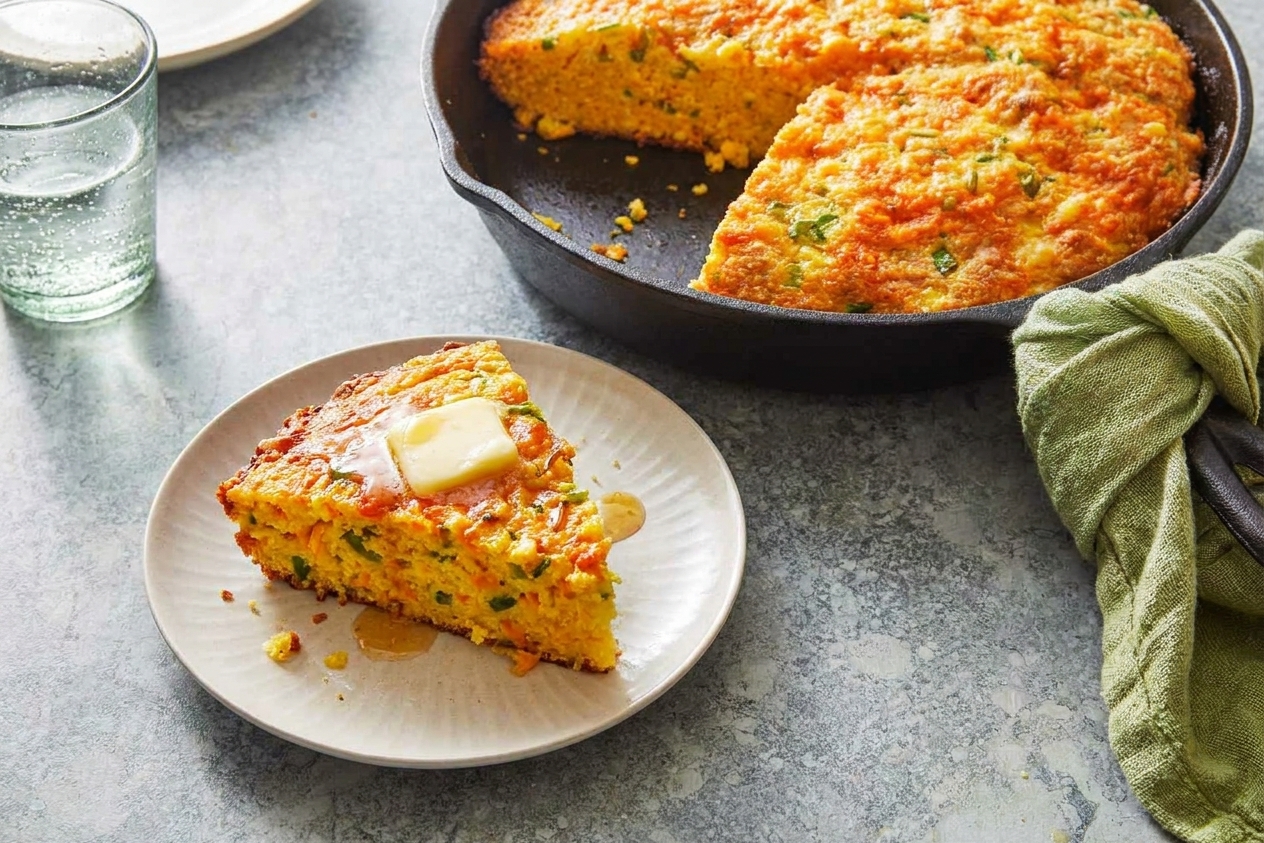 A slice of warm jalapeño cheddar cornbread on a small plate with a pat of butter, with the remaining cornbread in the skillet nearby