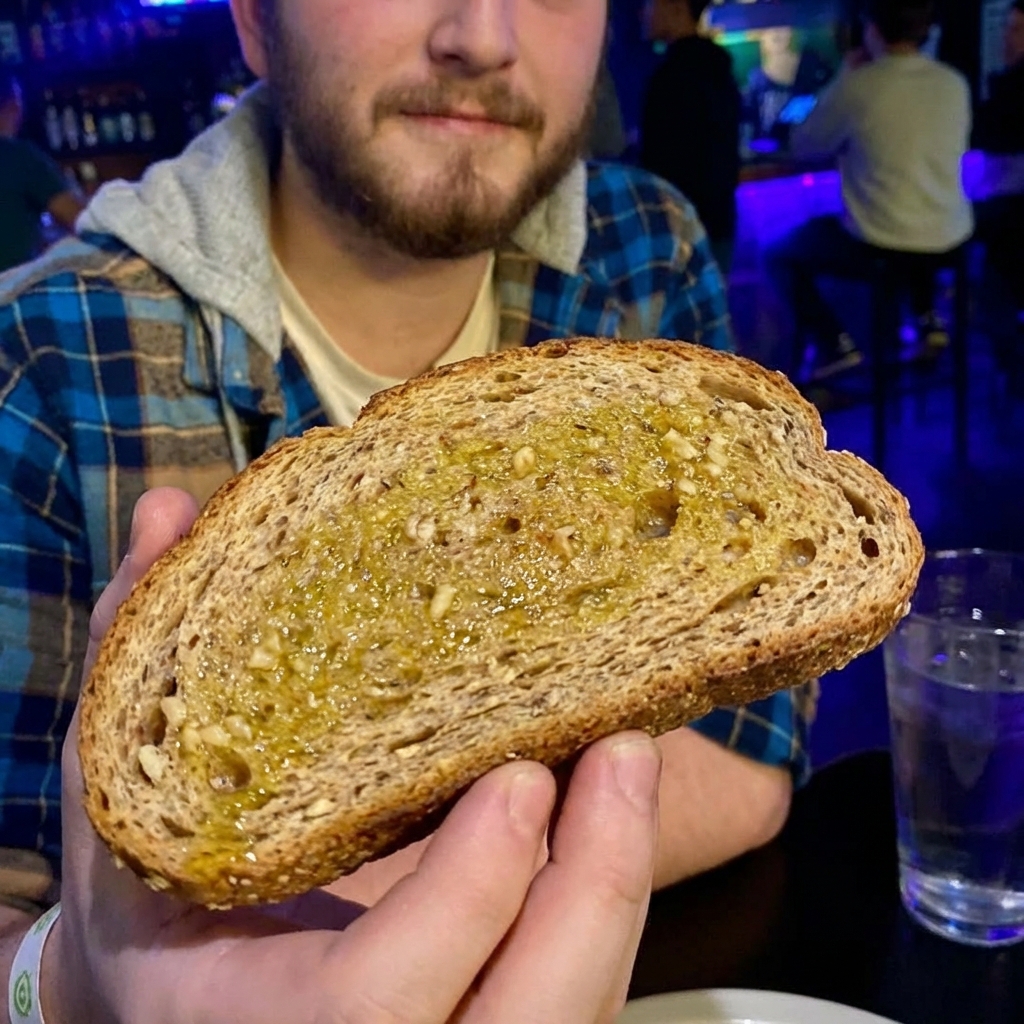 A slice of whole grain bread toasted and brushed with garlic olive oil