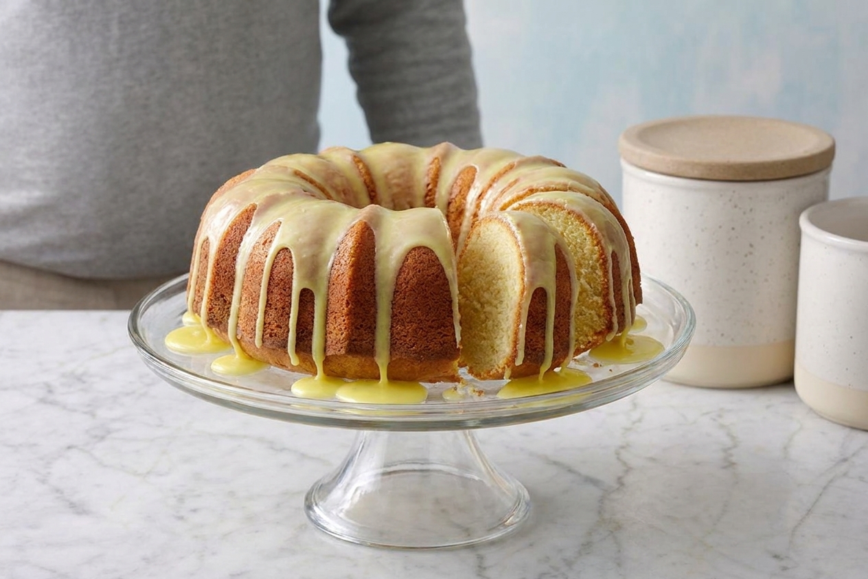 A sliced 7UP pound cake on a white cake stand with a glossy lemon lime glaze dripping down the sides on a warm kitchen counter