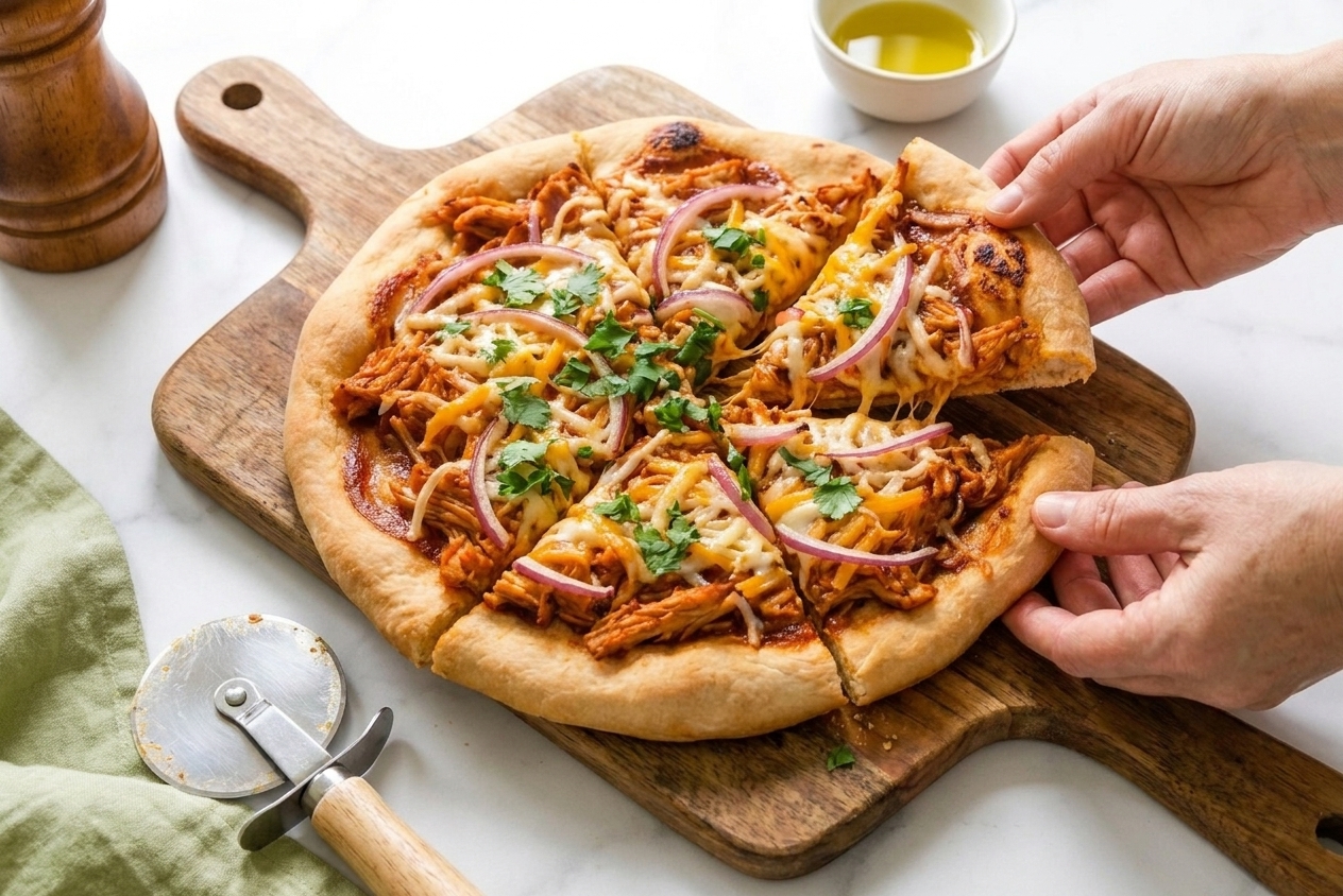 A sliced BBQ chicken pizza on a cutting board topped with fresh cilantro with a pizza cutter nearby