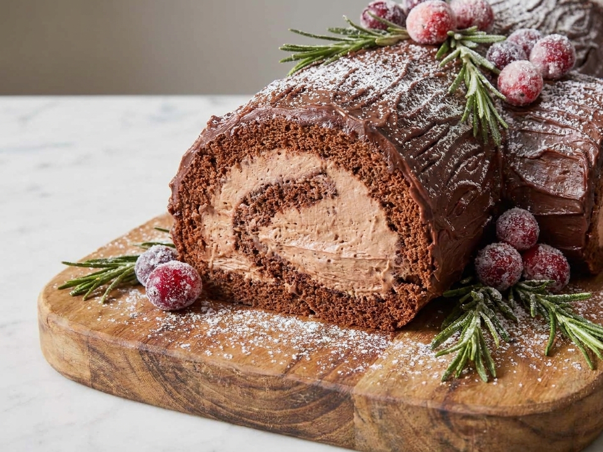A sliced Bûche de Noël showing a tight spiral of cream filling and chocolate sponge on a serving platter