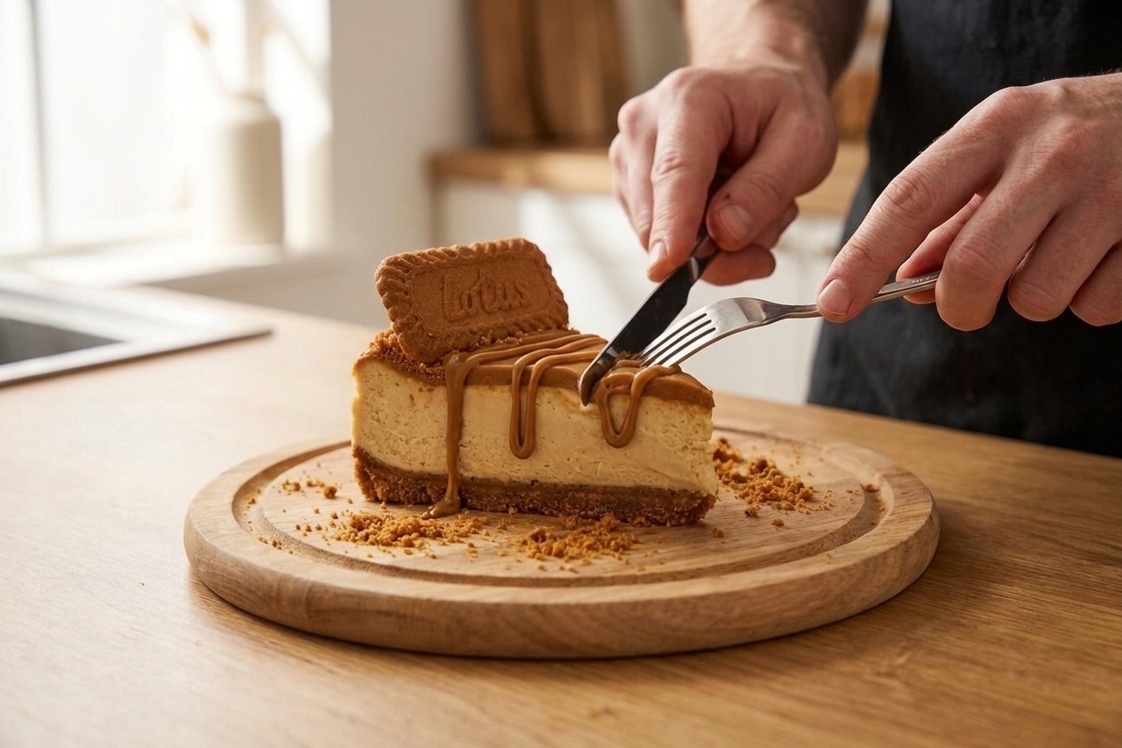A sliced Biscoff cheesecake showing the thick cookie crust and creamy filling, with cookie butter drizzled on top, on a wooden cutting board
