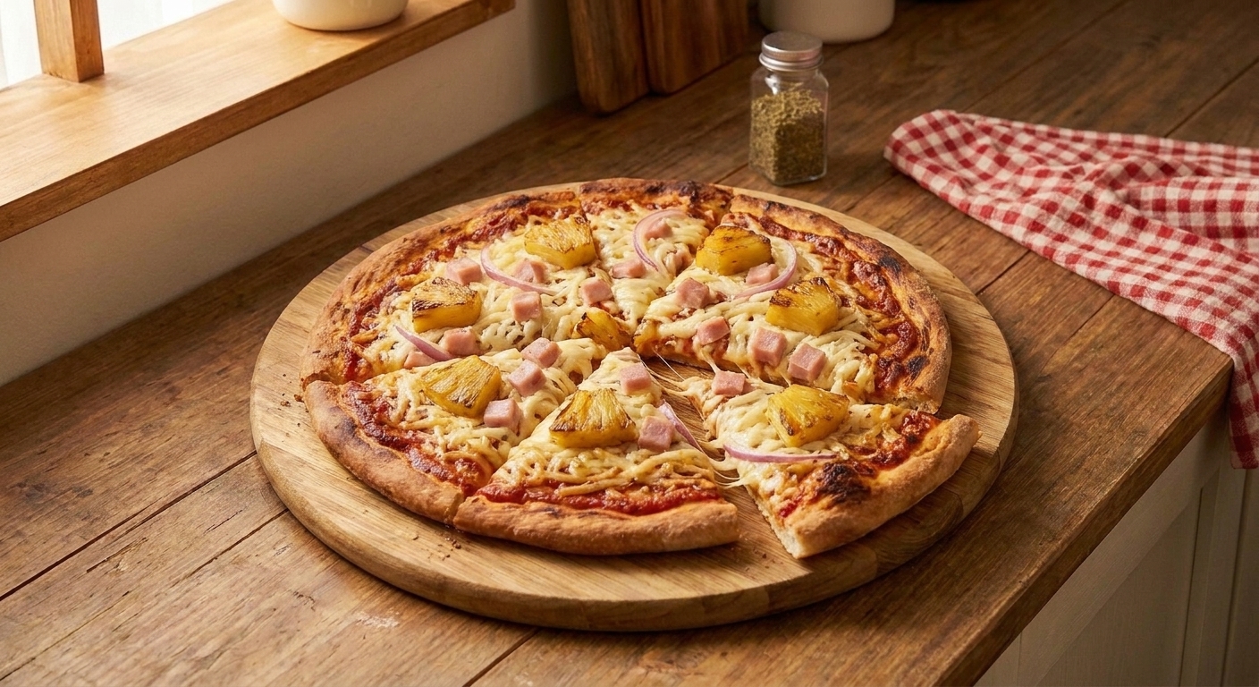 A sliced Hawaiian pizza on a wooden cutting board with crisp browned crust edges and visible chunks of ham and browned pineapple