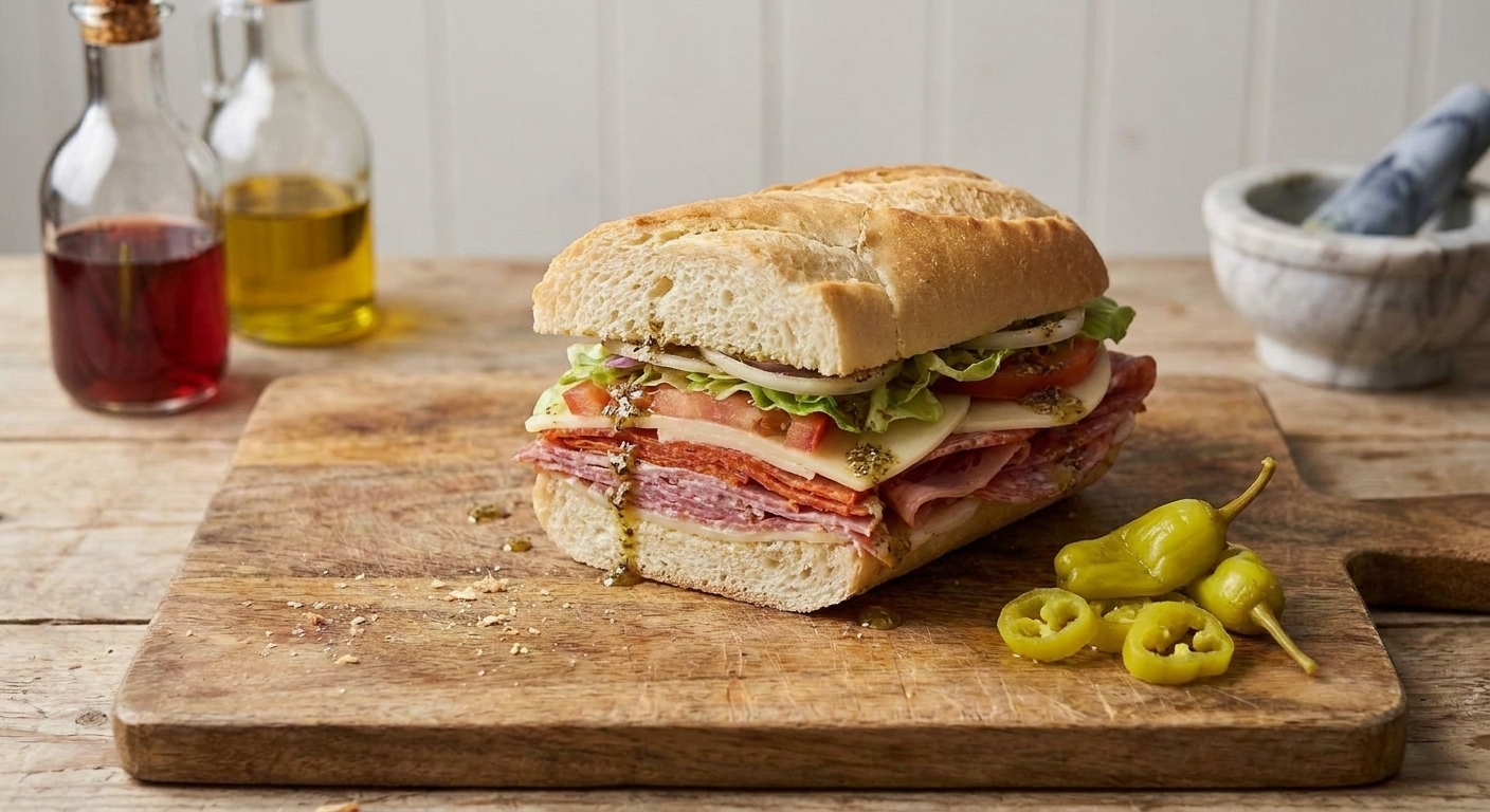 A sliced Italian sub sandwich on a cutting board with visible layers of deli meats, provolone, lettuce, tomato, and onion, with pepperoncini on the side